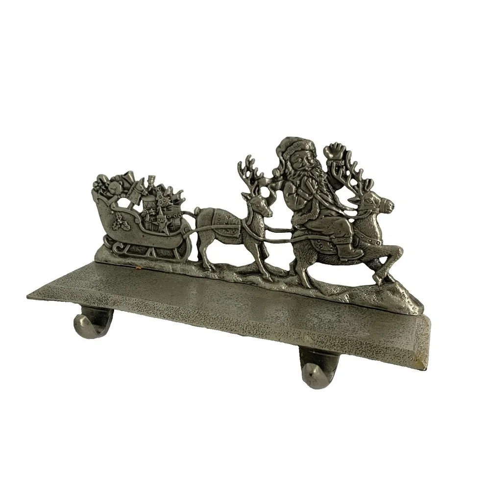 Santa Claus Sleigh Reindeer Stocking Holder Heavy Metal Christmas Mantle Decor